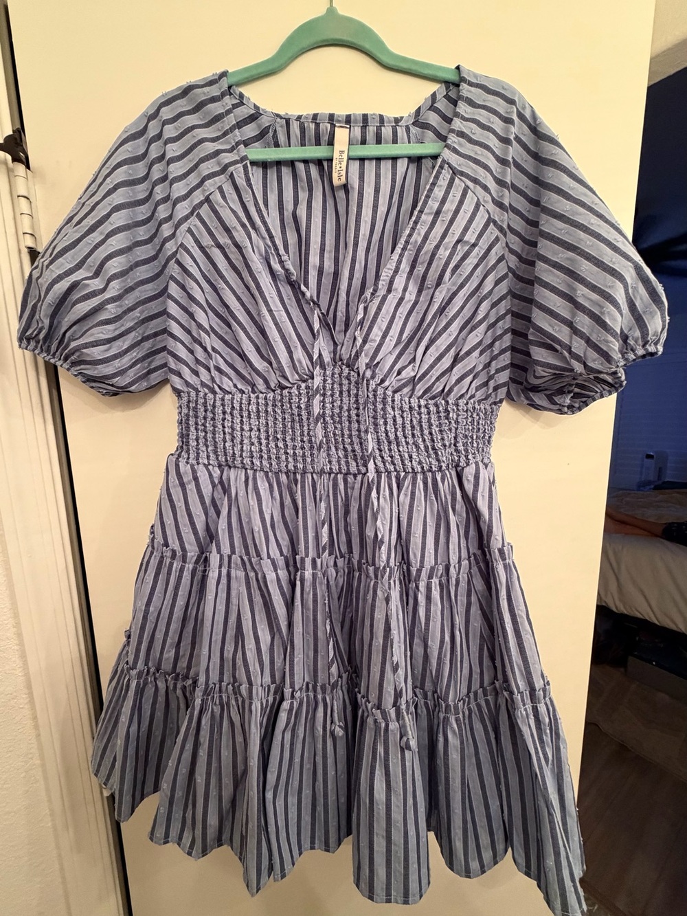 Blue Striped Smocked Waist Short Dress, size 7/8 medium/ lg